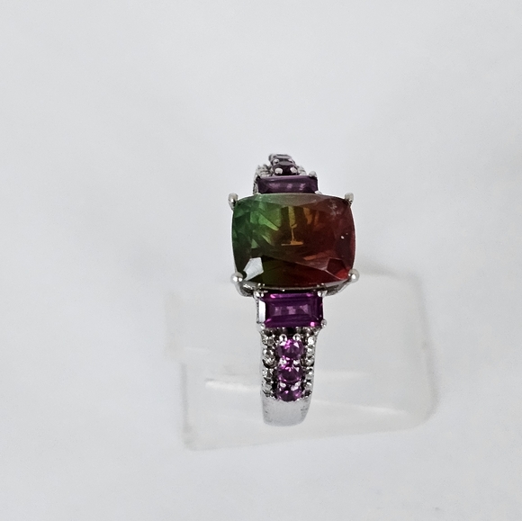 Genuine Watermelon Quartz & Rhodolite Garnet Ring Platinum/925 Sz 8! - Picture 5 of 14